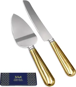Zzteck Stainless Steel Wedding Cake Knife and Server Set with Golden Handles- Cake Cutter Set With 12" Server & 9.8" Knife - Durable & Dishwasher Safe - Cake Cutting Set for Wedding, Party & Events