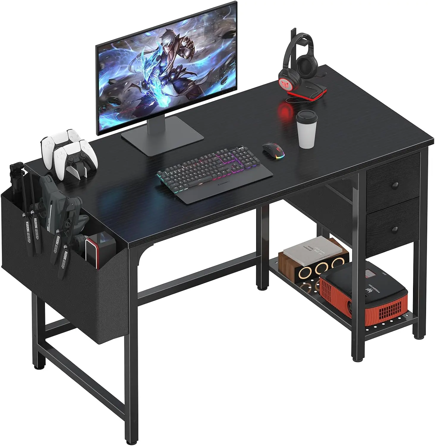 Computer Desk with Fabric Drawers, 40 Inch Reversible Gaming Desk for Small Space Home Office, Modern Simple Study Writing Table PC Desks for Bedroom, Black