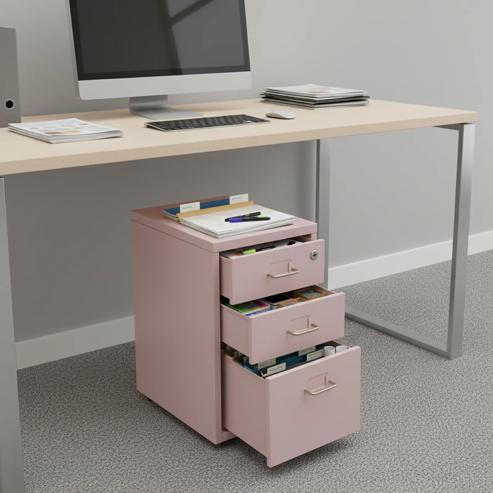 Modern Rectangular 3-Drawer Pink Steel PVC Paper File Cabinet, Single Unit with Roller Base & 30kg Capacity Wheels, for Office & Study Storage