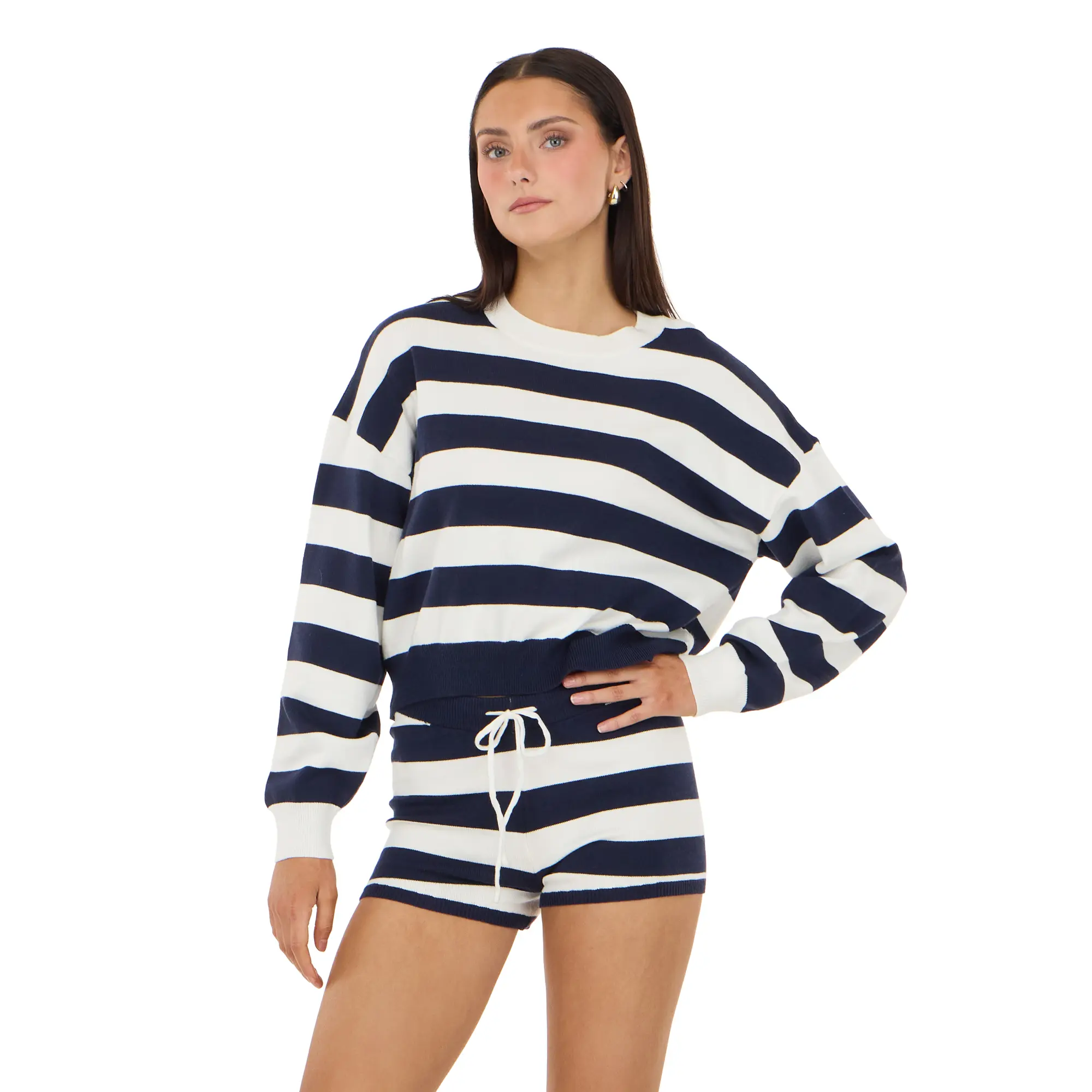 Forever 21 Women's Casual Rugby Stripe Sweater Set, Comfortable Lightweight Knit Cropped Top and Drawstring Shorts, Adjustable, Everyday, Style, Striped, Matching, Women's Clothes