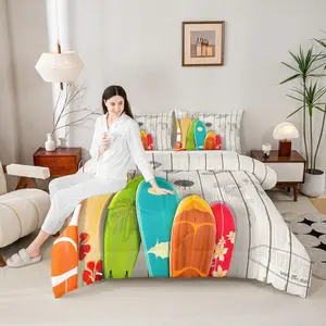 Colorful Surfing Comforter Set for Kids Teens Adults Home Room Decor,Hawaiian Ocean Style Bedding Set,Rustic Farmhouse Barn Quilt Set,Flower Sun Surfboard Duvet Insert