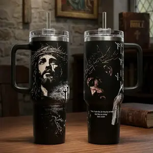 Forgiven Saviour Jesus 40oz Tumbler with Handle | Vintage Catholic Luke 23:34 Custom No Handle | Gothic Dark Faith Insulated Mug | Christian Religious Spiritual Gift | Cup Holder Friendly