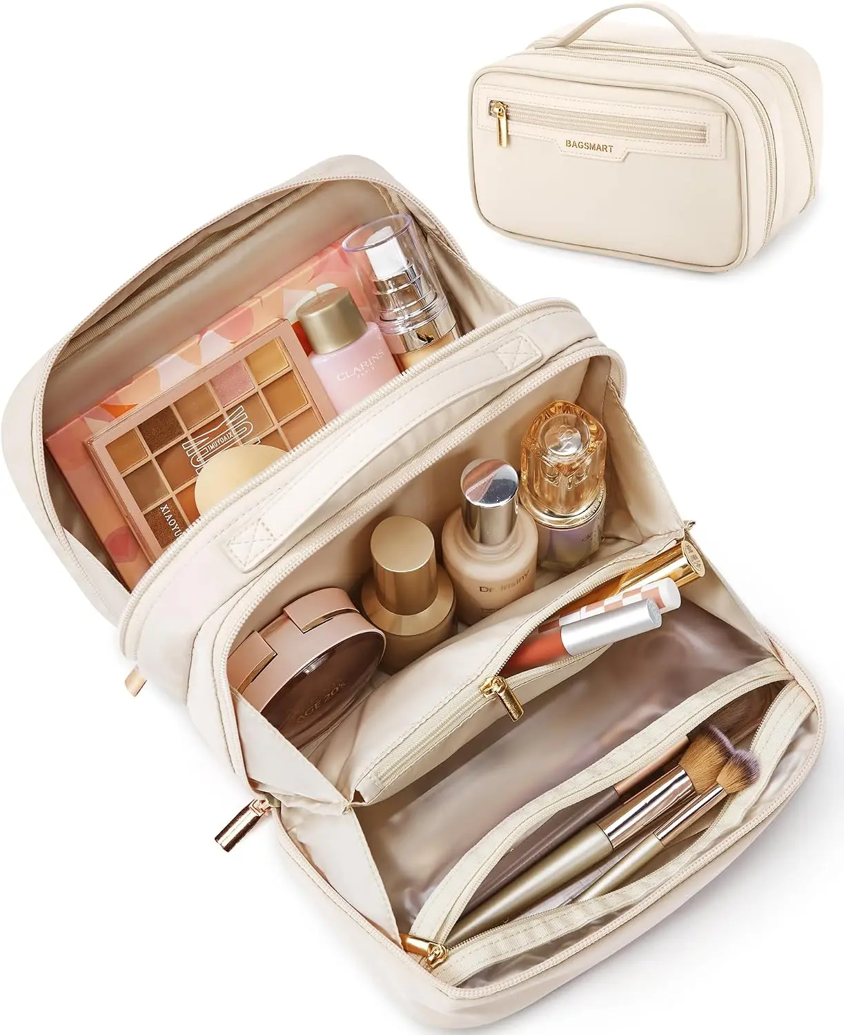 BAGSMART Women's Durable Compact Travel Makeup Bag - Multiple Compartments, Functional Cosmetic Organizer for Travel Accessories (Beige)
