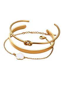 Stainless Steel Knot Decor Bracelet & Cuff Bangle 3‑Piece Set for Women, Daily Stackable Fashion Jewelry, Elegant Minimalist Bangle