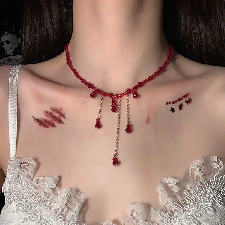 Accessories: Minimalist Blood Drop Crystal Necklace, Halloween Tassel Copper-Plated Iron Lock Choker for Women