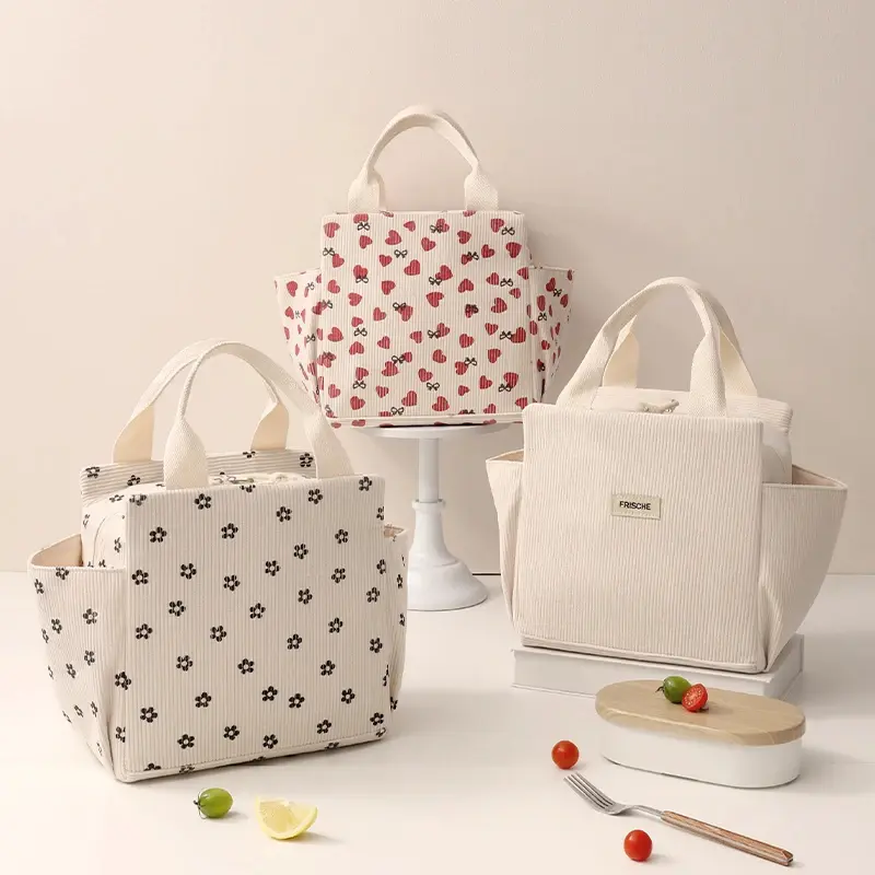 Cute Corduroy Lunch Tote Insulated Food Storage Bag Portable Picnic Lunch Organizer for Women