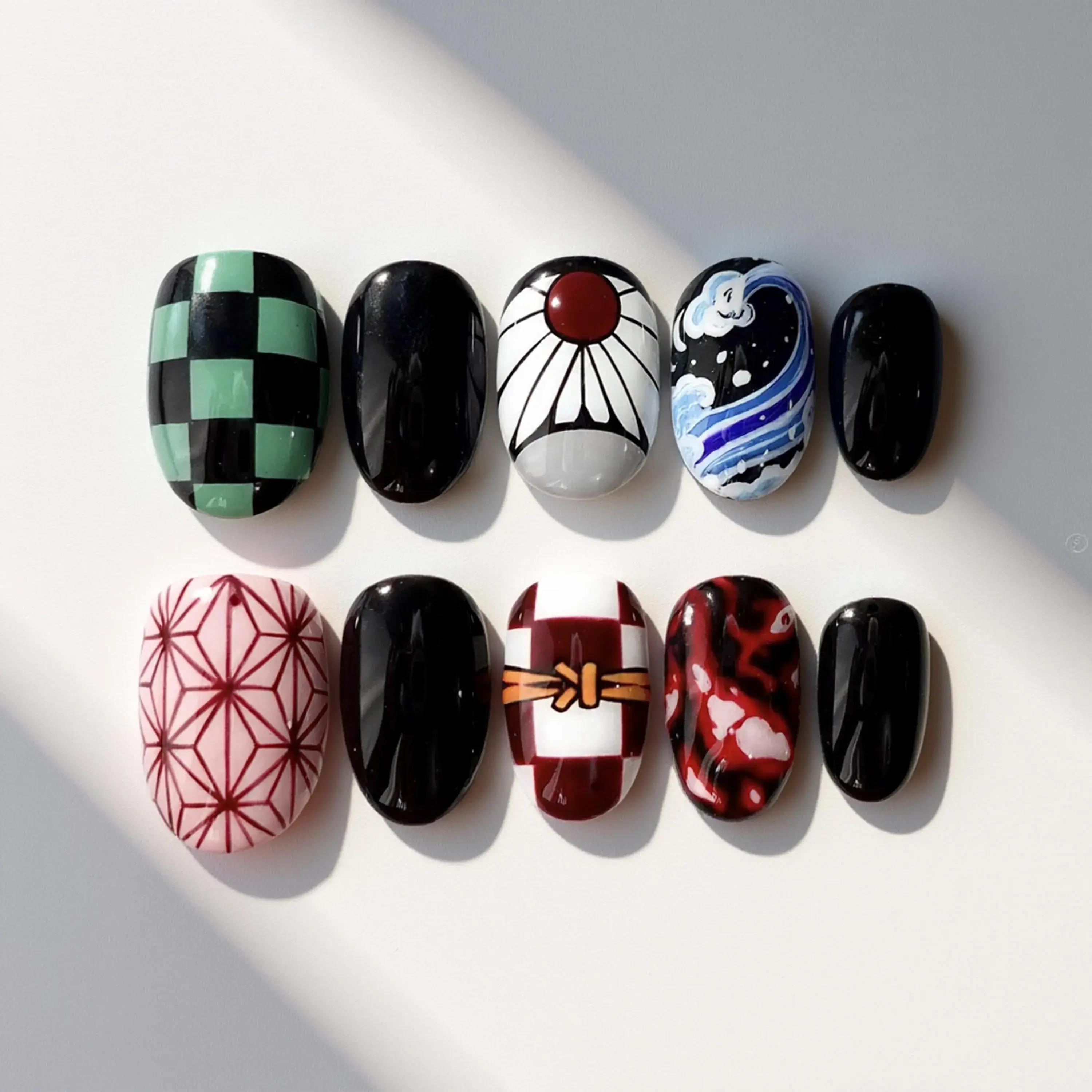 Demon Slayer Press On Nails, Anime Handpainted Nail Art