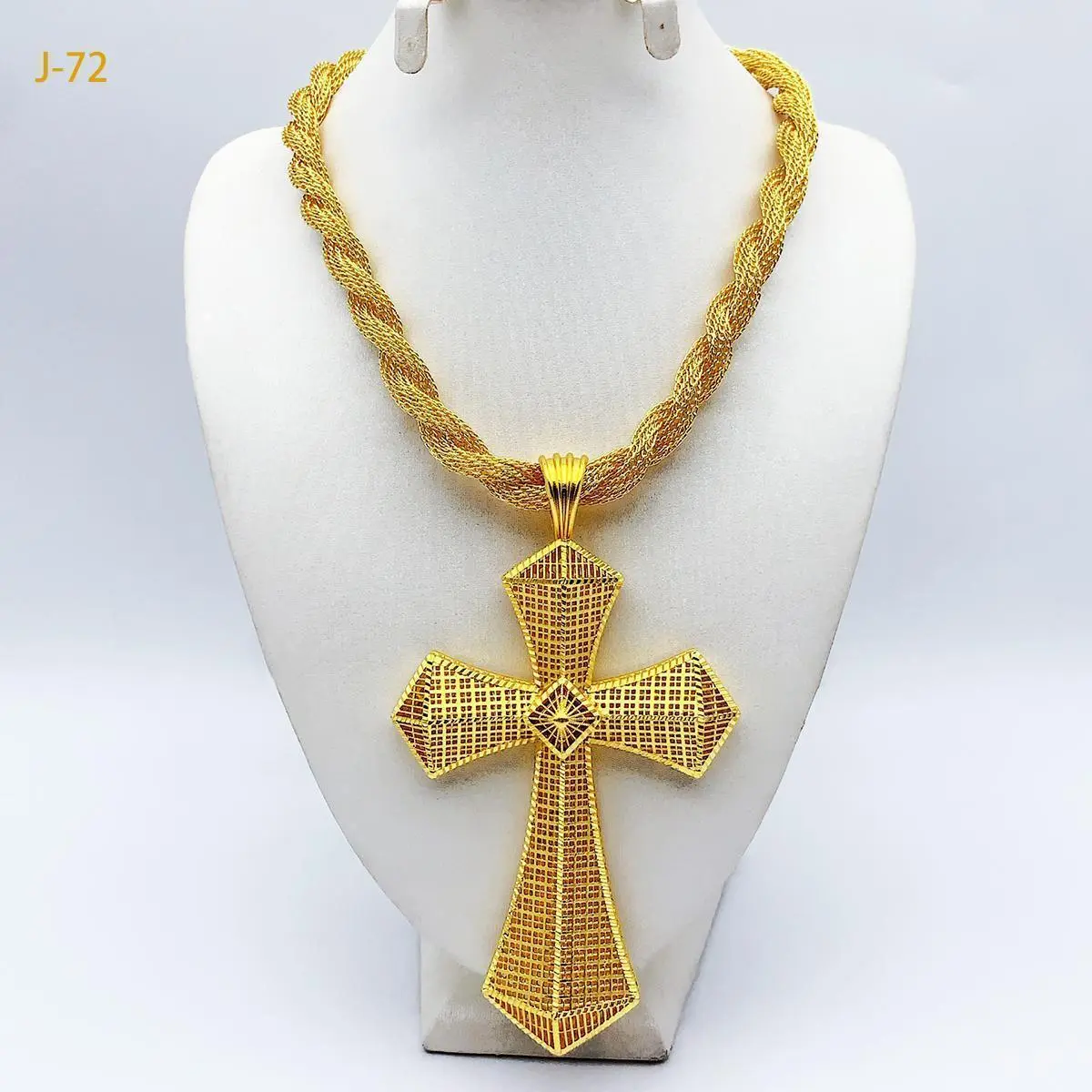 Ethiopian Cross Pendant Cross Necklace with Twisted Chain, Gold Color African Eritrea Jewelry for Men and Women, Wedding Party Gift