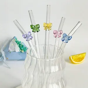 1/4pcs Reusable Glass Straws With Bow/Butterfly, Cute Colorful Transparent Glass Straws, Shatter Resistant And Reusable Clear Glass Drinking Straws With Cleaning Brushes For Drinks, Milk Tea, Coffee, Juice, Smoothies, Kitchens, Restaurants
