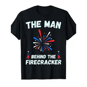 [100% Cotton] 100% Cotton The for Man Behind The Firecracker Graphic Tee Black Short Sleeve Casual Fourth of July Firework Print T Shirt for Men