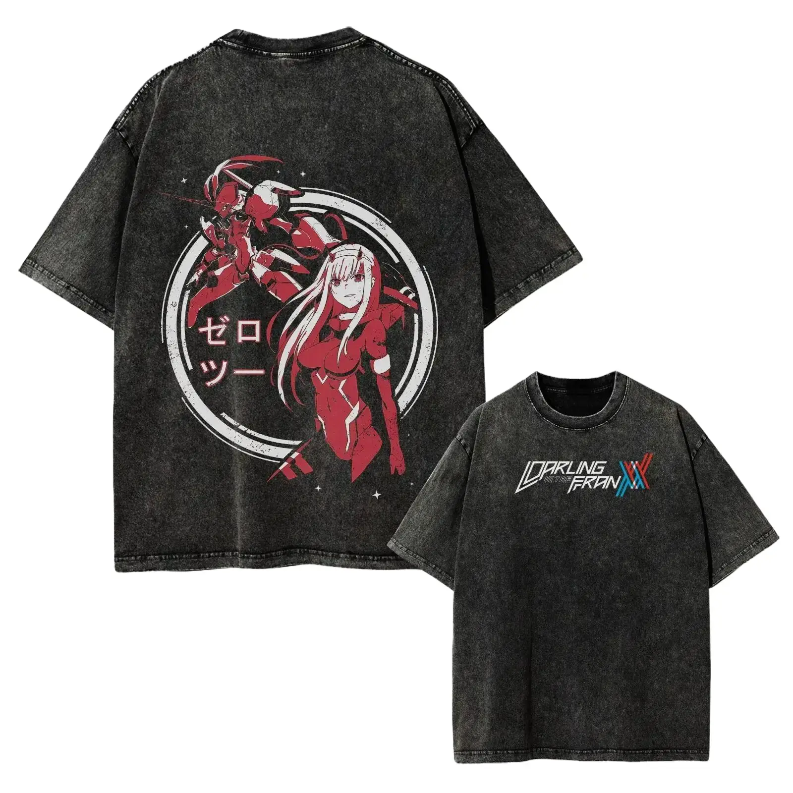 Men's Darling in the Franxx 02 T-shirt, Baggy Vintage Distressed Cotton Top with Anime Graphic, Unisex Short-Sleeve Valentine Gift