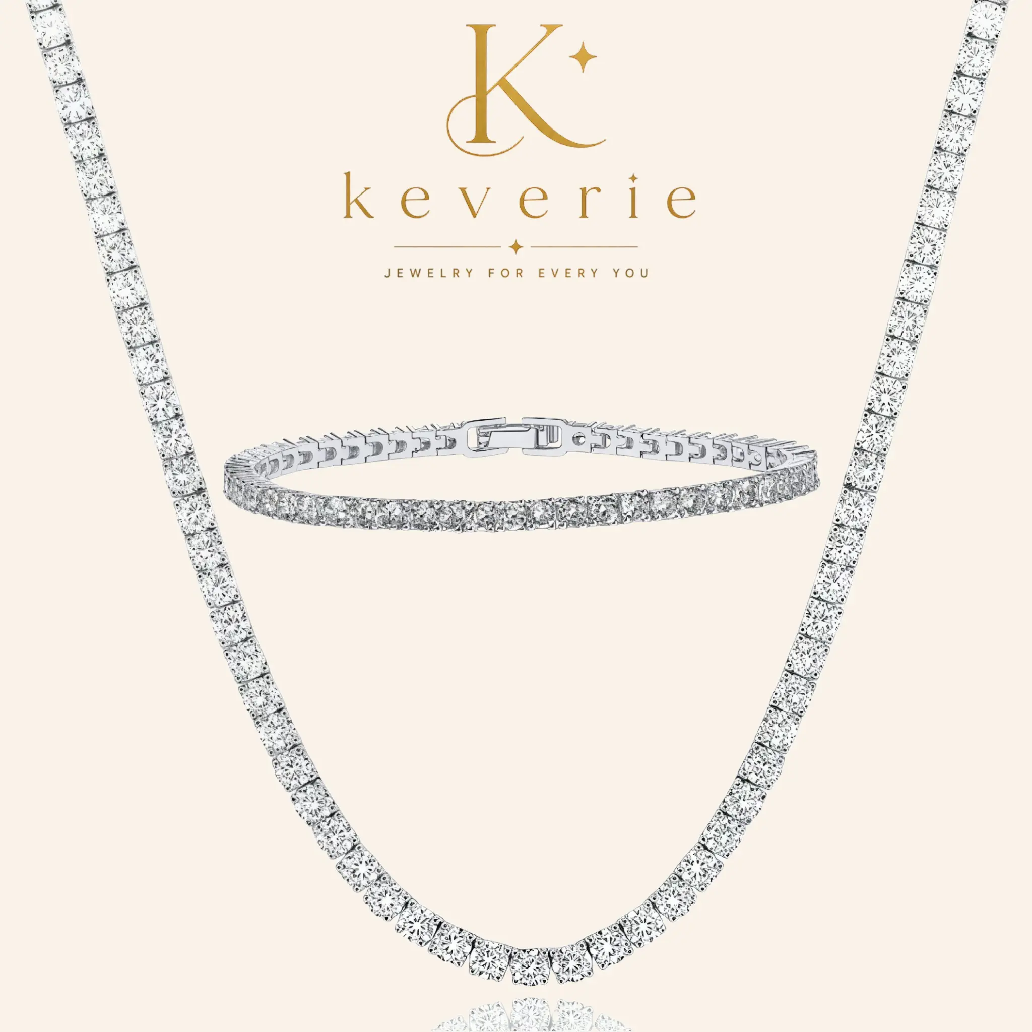 【Set】14K Gold Plated Tennis Necklace & Bracelet Set for Women, 4mm CZ Diamond Chain Jewelry Set, Sparkling Dainty Matching Set, 15" & 18" Necklace, 6.5" 7" 7.5" Bracelet, Secure Clasp