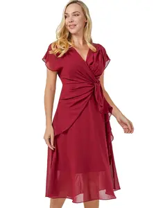 Elegant Tie Waist Midi Dress Ruffle Sleeve Wedding Guest Dress
