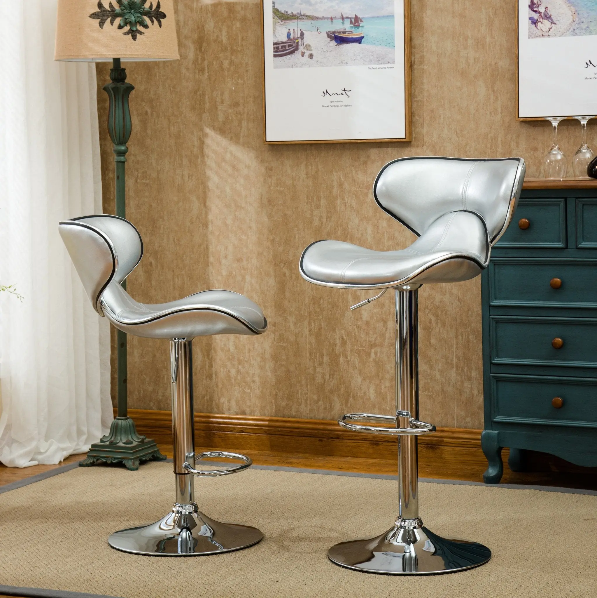 Masaccio Silver Cushioned Leatherette Upholstery Airlift Adjustable'swivel Barstool with Chrome Base, Set of 2