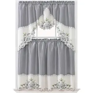 Arch Floral Kitchen Curtain Set/Swag Valance & Tier Set Nice Matching Color Floral Embroidery on Border with cutworks (Silver Grey)