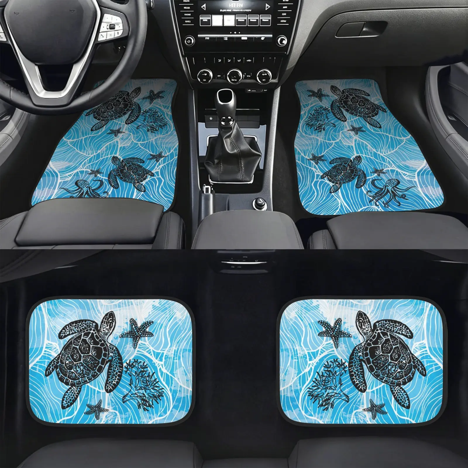 Car Floor Mats 4-Pieces, Hawaiian Sea Turtle Hibiscus Ocean Wave Print Car Accessories, Front & Rear Anti Slip Auto Floor Liners, Stain Resistant Coastal Car Interior Mats for Sedan SUV Truck Van