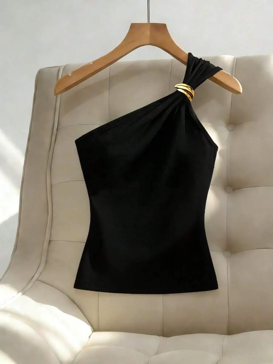 Franclia Women's Black Metallic Pleated Sleeveless One Shoulder Top,Elegant Structured Blouse For Summer,Party Date Night Night,Black N Gold