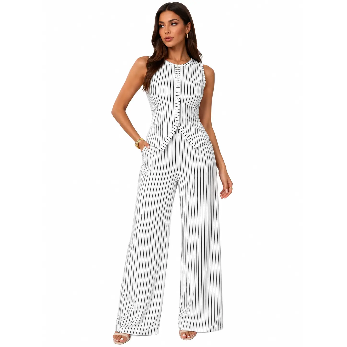 Women's 2-Piece Slim Cut Work Clothes Set - Sleeveless Buttoned Layer-Friendly Vest, High Waist Straight Pants, Round Neck, Comfy Office Outfit