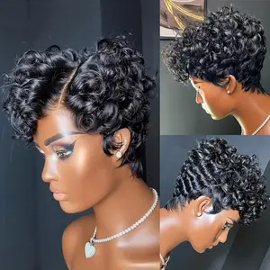 2025 NEW Fashion 8-Inch Natural Black Curly Pixie Cut Wig with Side Bangs - 13x6 T-Part Lace Frontal, Real Human Hair, Short Voluminous Style for Women, Perfect for Daily Wear or Valentine's Day, Short Hair Wig