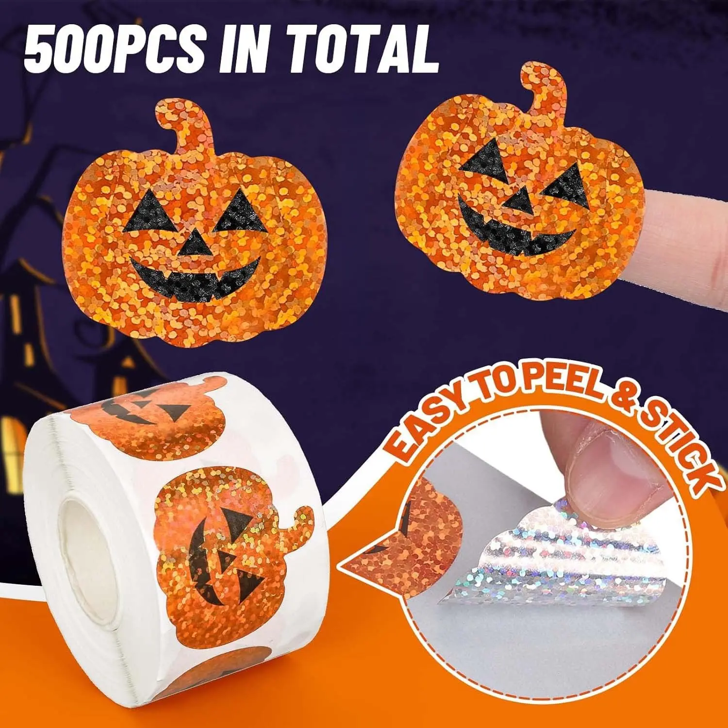 500pcs Halloween Laser Pumpkin Stickers, Self-Adhesive Holiday Gift Tags, Suitable for Candy Bags, Handcrafts, Packaging and Party Decorations, Fun Craft Accessories with Classic Holiday Designs