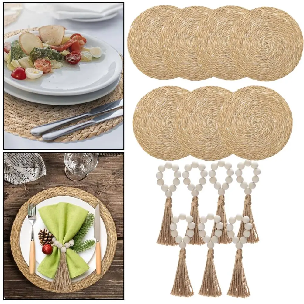 7PCS Boho Handmade Rattan Placemats Heat Resistant & Slip-resistant | Farmhouse Woven Table Mats Dining Table Decor | with 7 Wooden Napkin Rings for Dining, Fall, Halloween, Thanksgiving, Christmas