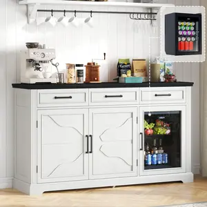 [Ships in 2 Boxes] AMERLIFE 60" Farmhouse Coffee Bar Cabinet with Beverage Fridge (Included), Wine Bar Cabinet with Drawer Storage, Mini Fridge Cabinet, Sideboard Cabinet for Dining Room, Living Room Kitchen Pantry White Furniture