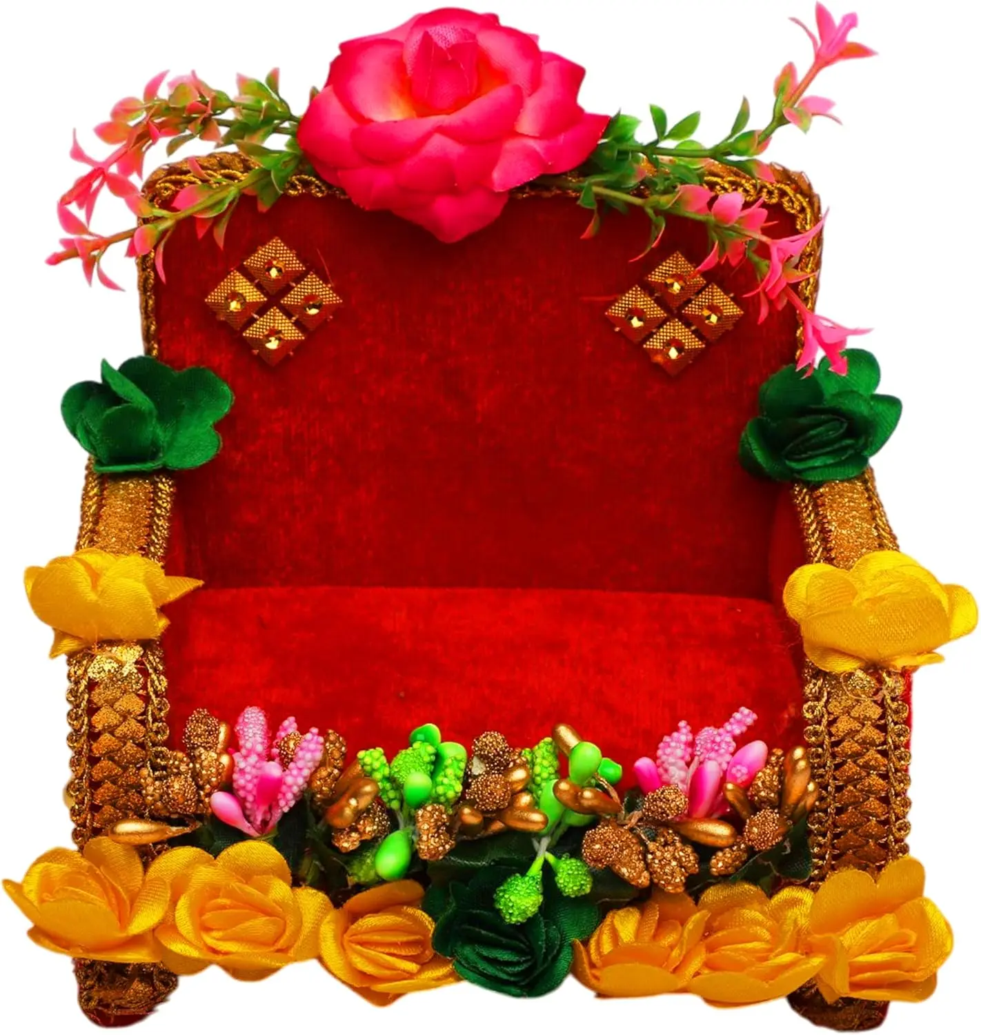 Laddu Gopal Ganesha Devi Maa God Aasan Sofa Chair Velvet Singhasan Wooden Throne for Small Idols Temple with Artificial Flower Design Indian Traditional Janmashtami Festival Decor(Red)(Size:-5"X5")