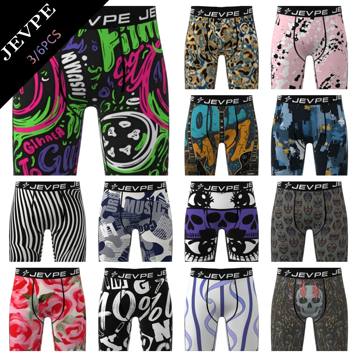 JEVPE Men's Underwear Boxers, 3/6pcs Randomly Packed Graffiti Print High Stretch Athletic Shorts, Comfortable Stretchable Men's Sports Underwear, Mixed Colors Menswear