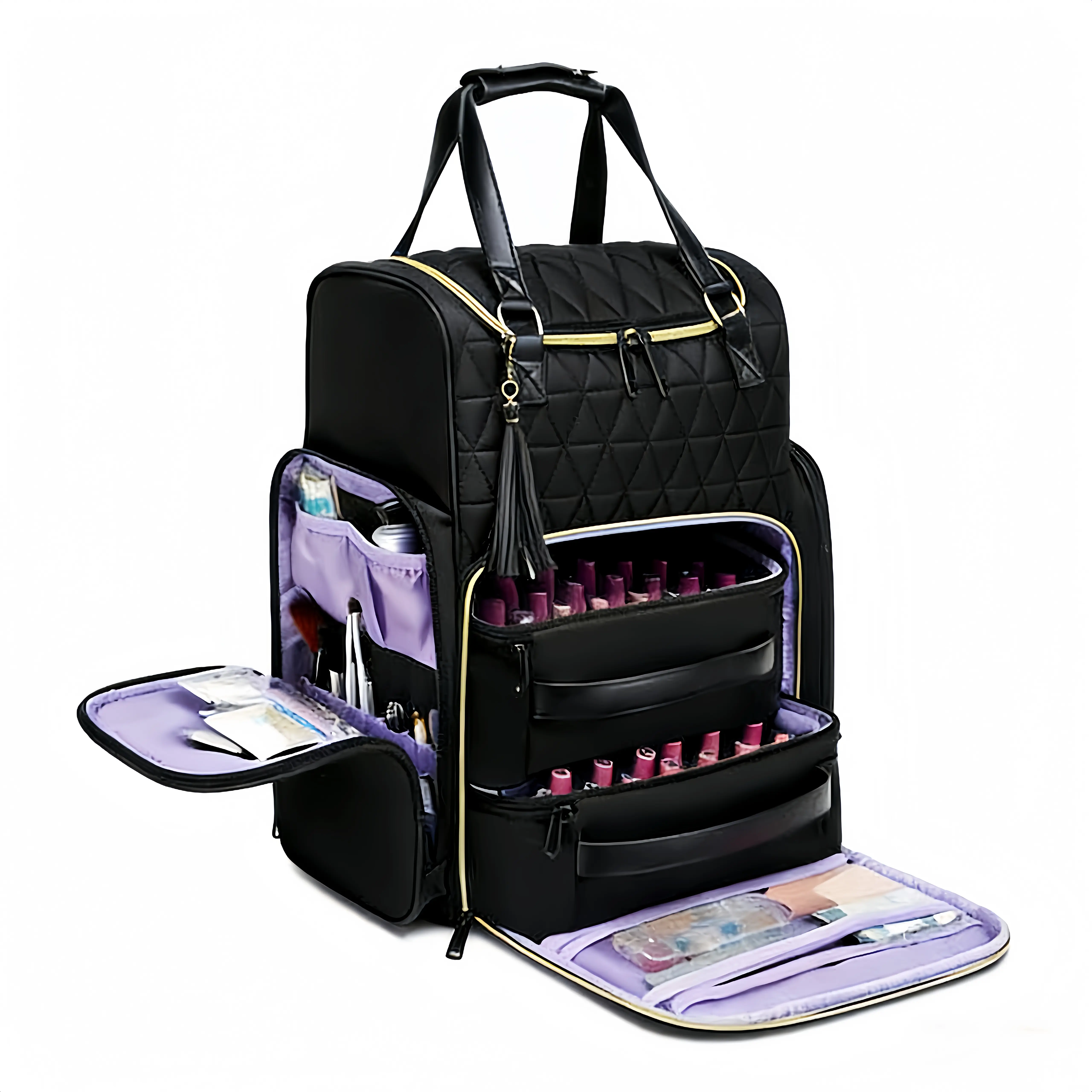 Multi-Layer Large-Capacity Gel Polish Organizer Backpack, Double-Shoulder Functional Bag for Nail Salon Mobile Service with Makeup Containers