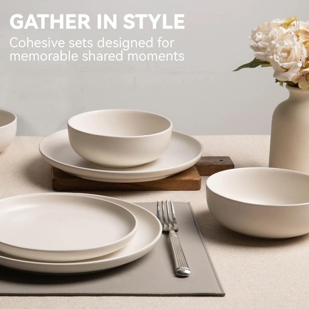 12-Piece Stoneware Dinnerware Sets With Mugs  Microwave  Dishwasher Safe  Non-Toxic Dinner Plates Bowls Set  Stackable Matte Glaze Kitchenware For 3