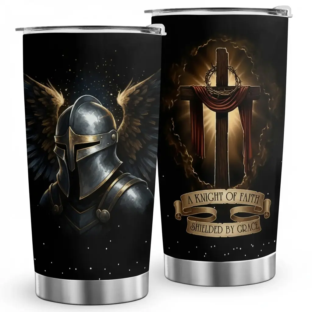 20oz Christian Knight Faith Vacuum-Insulated Stainless Steel Tumbler - Portable Anti-Scalding Heat-Resistant Coffee Flask with Lid, Winged Armor Knight and Radiant Cross Design Featuring 'A Knight of Faith Shielded by Grace' Lettering, Durable Lightw