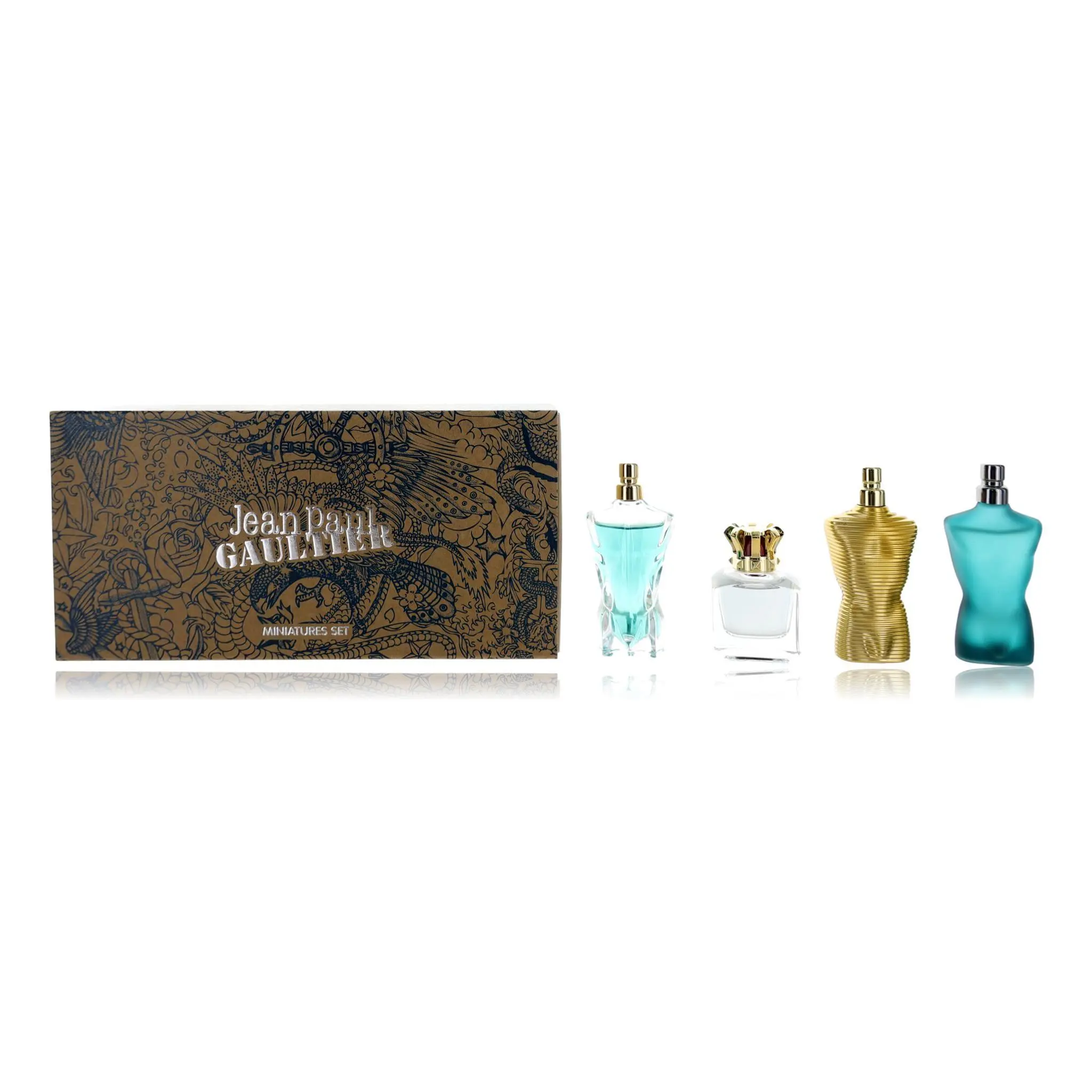 Miniatures Set by Jean Paul Gaultier for Men - 4 Pc Mini Gift Set 0.24oz Le Male EDT Spray, 0.24 Le Male Elixir EDP Spray, 0.24oz Scandal EDT Spray, 0.24oz Le Beau EDT Spray