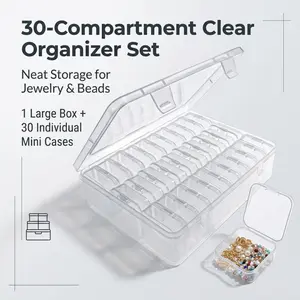 30-Compartment Clear Plastic Organizer Set with 1 Large Box and 30 Mini Cases, Stackable Lidded Storage Containers for Jewelry, Beads, Nail Supplies and Craft Accessories, Versatile Transparent Storage Solution for Small Items
