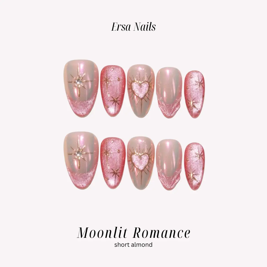 ErsaNails MOONLIT ROMANCE - Short Almond 10 PCS Handmade Press On Nails | 3D nails, Cat Eye & French Tip