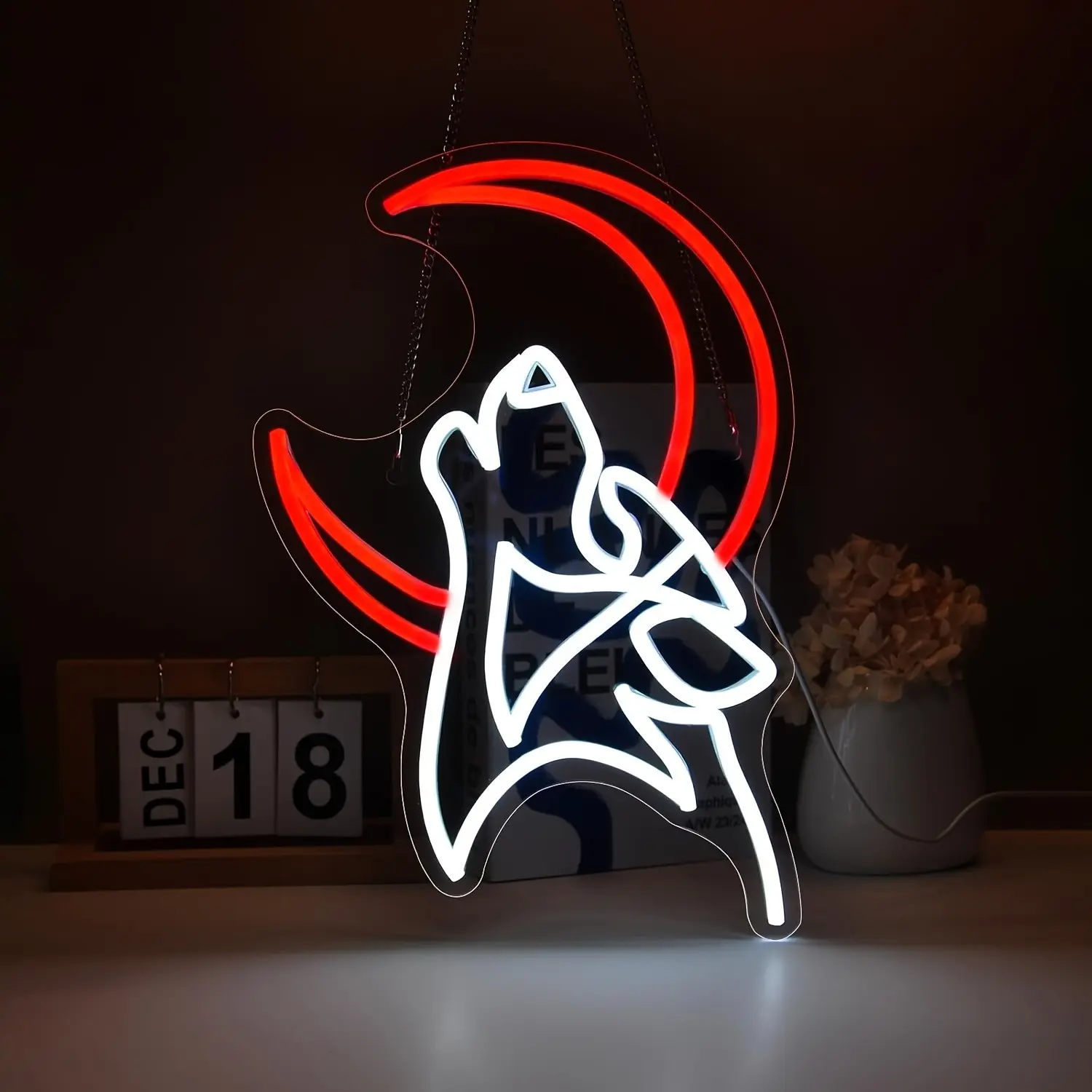 Dimmable Multicolor Wolf Moon LED Neon Sign | USB Powered Wall Light, Modern Abstract Design for Room Decor & Gaming Ambiance, Indoor Neon Light Wall Decor with Dynamic Lighting Effect Led Neon Lights