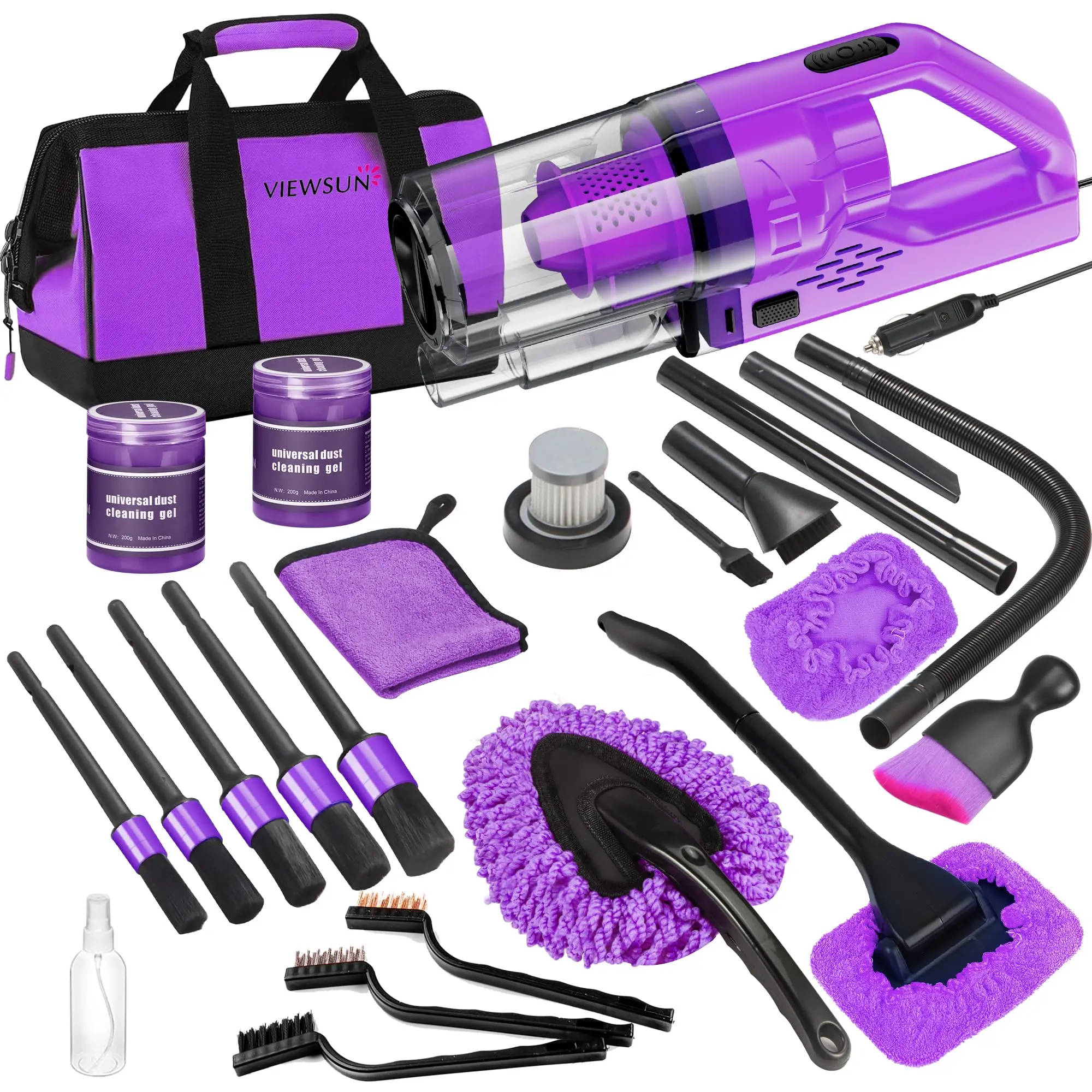 【summerfinds】Viewsun 18pcs Car Cleaning Kit, Purple Car Interior Detailing Kit with High Power Handheld Vacuum, Detailing Brush Set, Windshield Cleaner, Cleaning Gel, Complete Auto Accessories for Women Gift，Summervibes