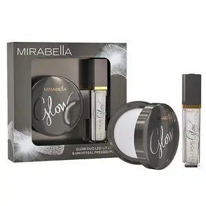 Mirabella Glow Duo, LED Lit Lip Gloss & Hyaluronic Pressed Powder Gift Set - Universal Pressed Powder with LED Light & Mirror - Talc-Free, Paraben & Gluten Free Cosmetic Makeup Compact Nourishing Shimmer Glossy Smooth