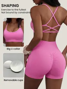 Women's Detachable Padded Bra Cross Back Sports Set, High Waist Butt Lifter Shorts, Seamless Fabric, Soft Stretch Activewear, Yoga & Daily Wear