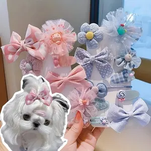 Pet Hair Bow Clips Set - Candy Color Veil Ribbons & Flower Accessories for Yorkie & Teddy, Non-Slip Grip for Small Dogs, Photo Shoot Ready