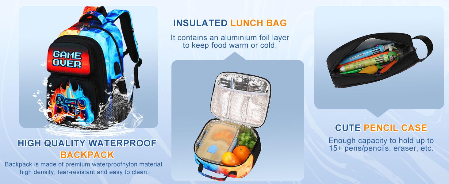 SIMILOVE 18" Multi Function Gamer Backpack with USB Port - Waterproof School Backpack for Kids, Includes Lunch Box & Pencil Case, Childrens Bag for Elementary/Middle School Students