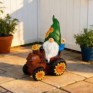 Cute Garden Gnome on Sunflower Tractor Decor - 11.4" Resin Outdoor/Indoor Statue with Solar LED Lights | Funny Patio Yard Decorations for Home