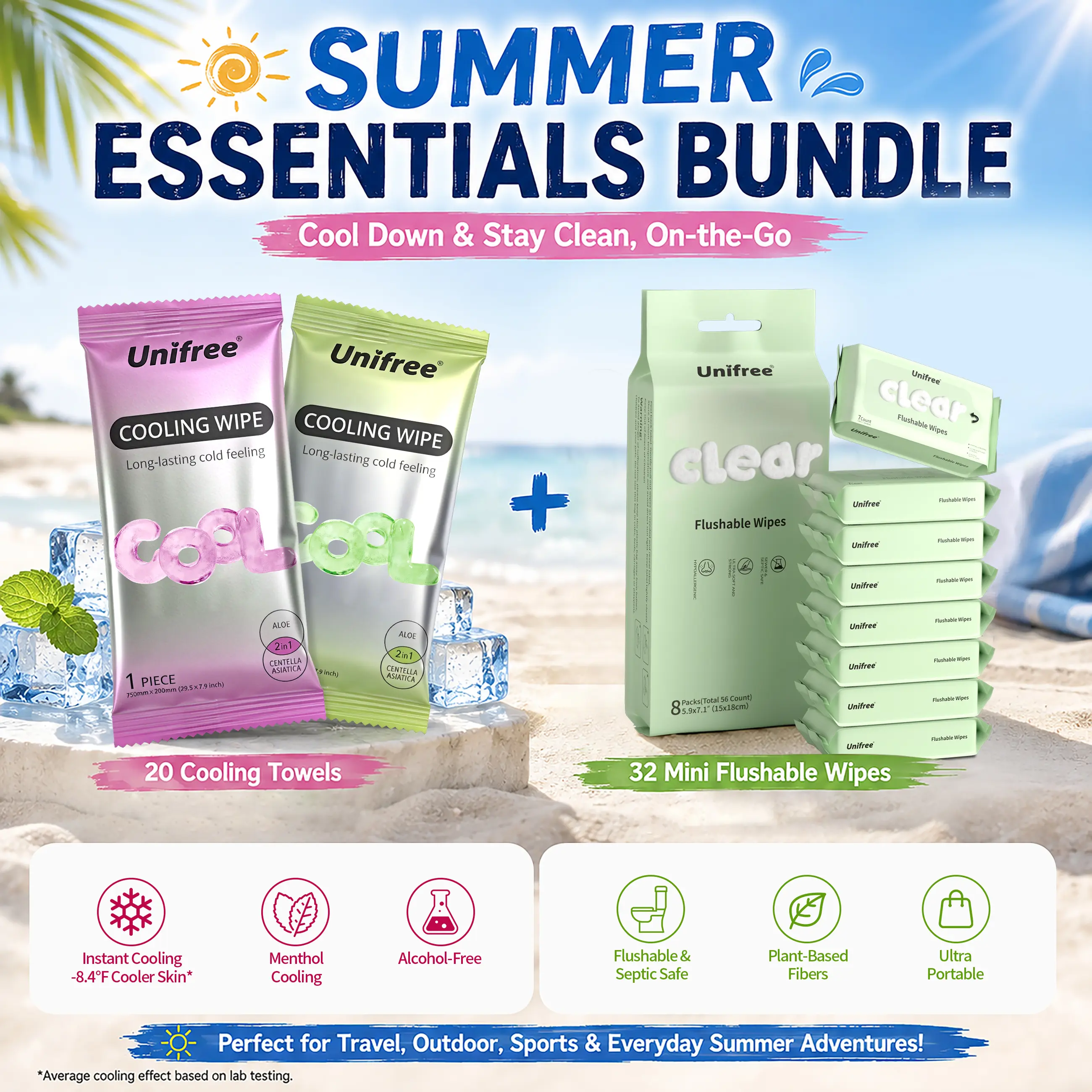 Unifree Summer Essentials Bundle: 32 Mini Packs Flushable Wipes + 20 Count Cooling Towels (XL Cooling Wipes), On-the-Go Travel Kit