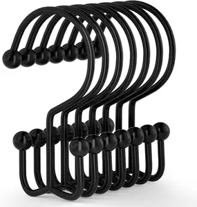 12PCS Black Metal Shower Curtain Hooks, Stainless Steel Rust-Resistant Hanging Shower Rings with Double Glide Design, 1-Pack Bathroom Accessory