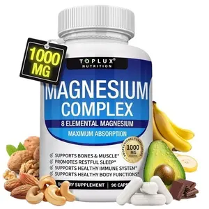 Dietary Magnesium Complex Supplement - 8 Elemental 1000mg, Glycinate, Citrate, Malate, Taurate, Chelated for Easy Absorption, Supports Bones, Muscle Recovery, Energy, Vegan, Non-GMO, 90 Capsules for Women & Men