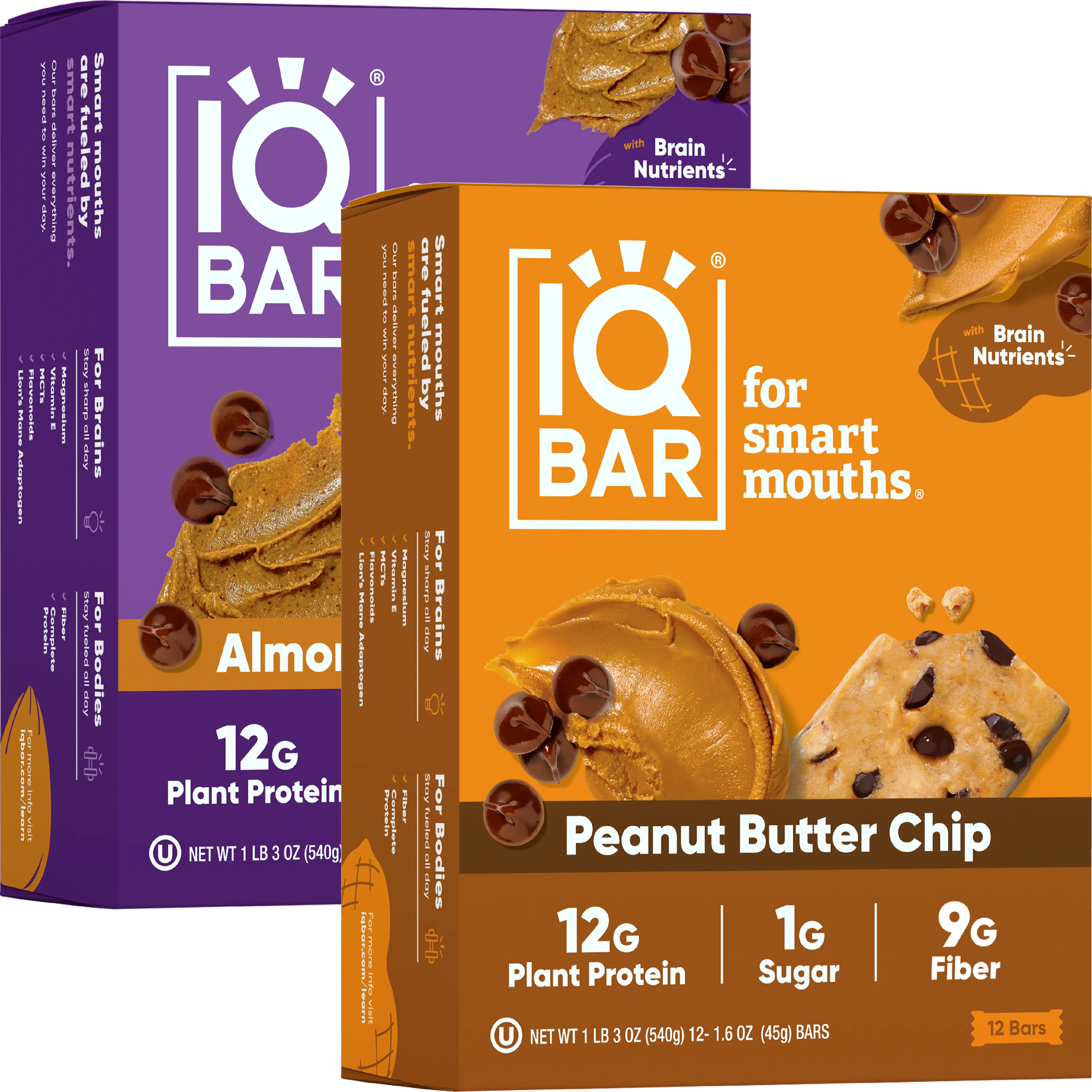 IQBAR Almond Butter Chip & Peanut Butter Chip - 24 Bars - 12g Plant Protein Crunchy Snack with Brain Nutrients