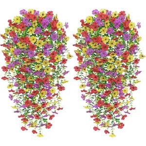 6PCS Artificial Hanging Flowers Fake Hanging Plants for Outdoors Decor UV Resistant Artificial Flower Decoration Faux Silk Orchid Flowers Greenery Long Trailing Vines for Indoor Outside Garden Decor (Purple&Yellow&Red)