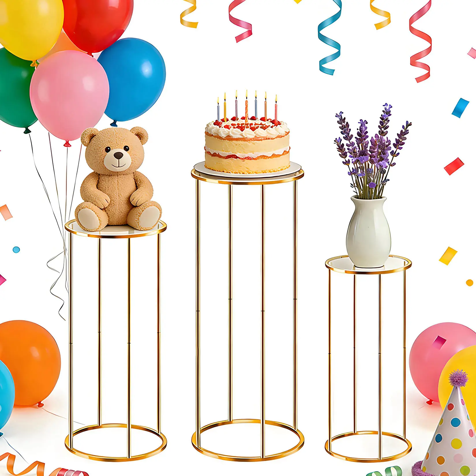 3-Tier cylinder Golden Metal Cake Stand for party, Acrylic Round Platforms, Pedestal stand Height (39.4", 31.5", 23.6"), Dessert Display Stand for Party, Weddings, Birthdays, Baby Showers
