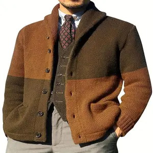 QINGLUN Men'S Elegant Sweater cardigan - Brown/Black/Beige/Red/Gray/White Color Block Sweater Coat, Button-Front Closure, Medium Stretch Knit Sweater for Fall/Spring Transitional Weather, Formal & Everyday Outfits - Ideal Halloween Gift for