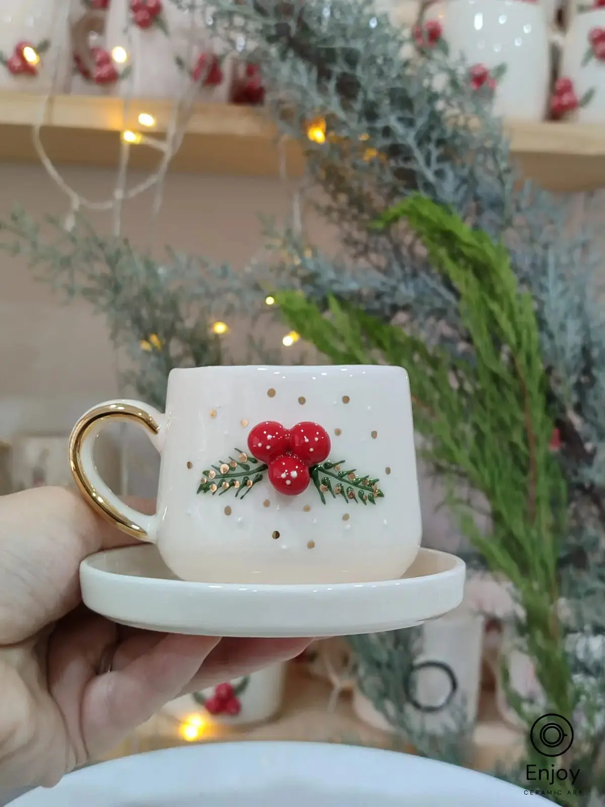 Handmade Christmas Espresso Cup Set of 2 – Snowman Tree & Winterberry Designs (5.4oz)
