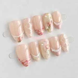 Pink Floral Bridal Handmade Press-On Nails, Long Almond Shape, 10pcs, Nail Tips Art, Soft Feminine Style, Nude Base, Hand-Painted Pink Flowers, French Tips, Glossy Finish, Reusable DIY Nail Kit for Spring & Weddings